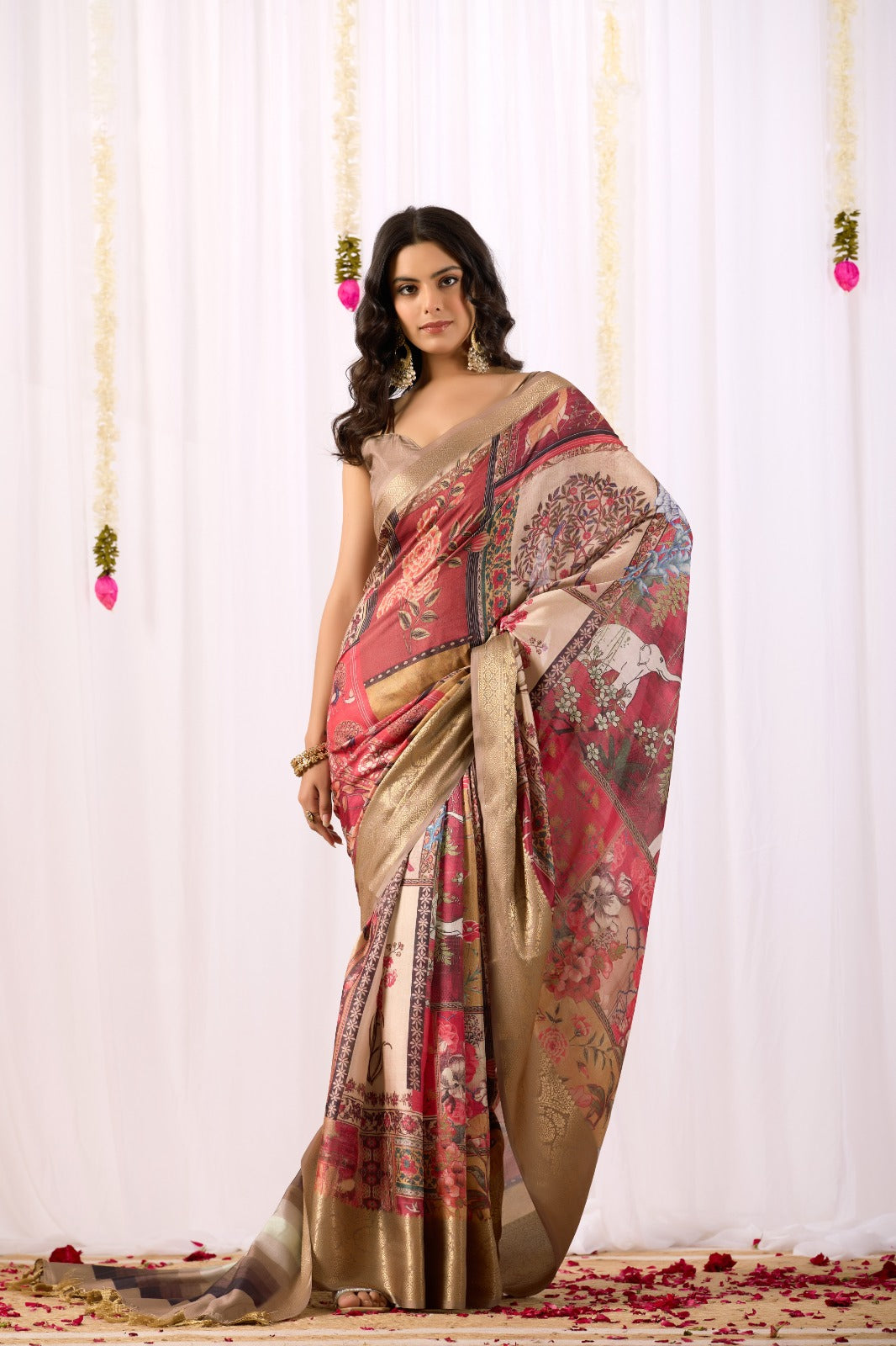 Women's Lichi Silk Saree in Beige Multi-Color with Tribal Art Print and Rich Zari Border