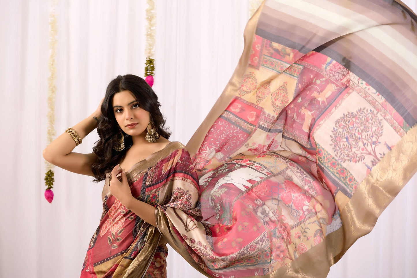 Women's Lichi Silk Saree in Beige Multi-Color with Tribal Art Print and Rich Zari Border