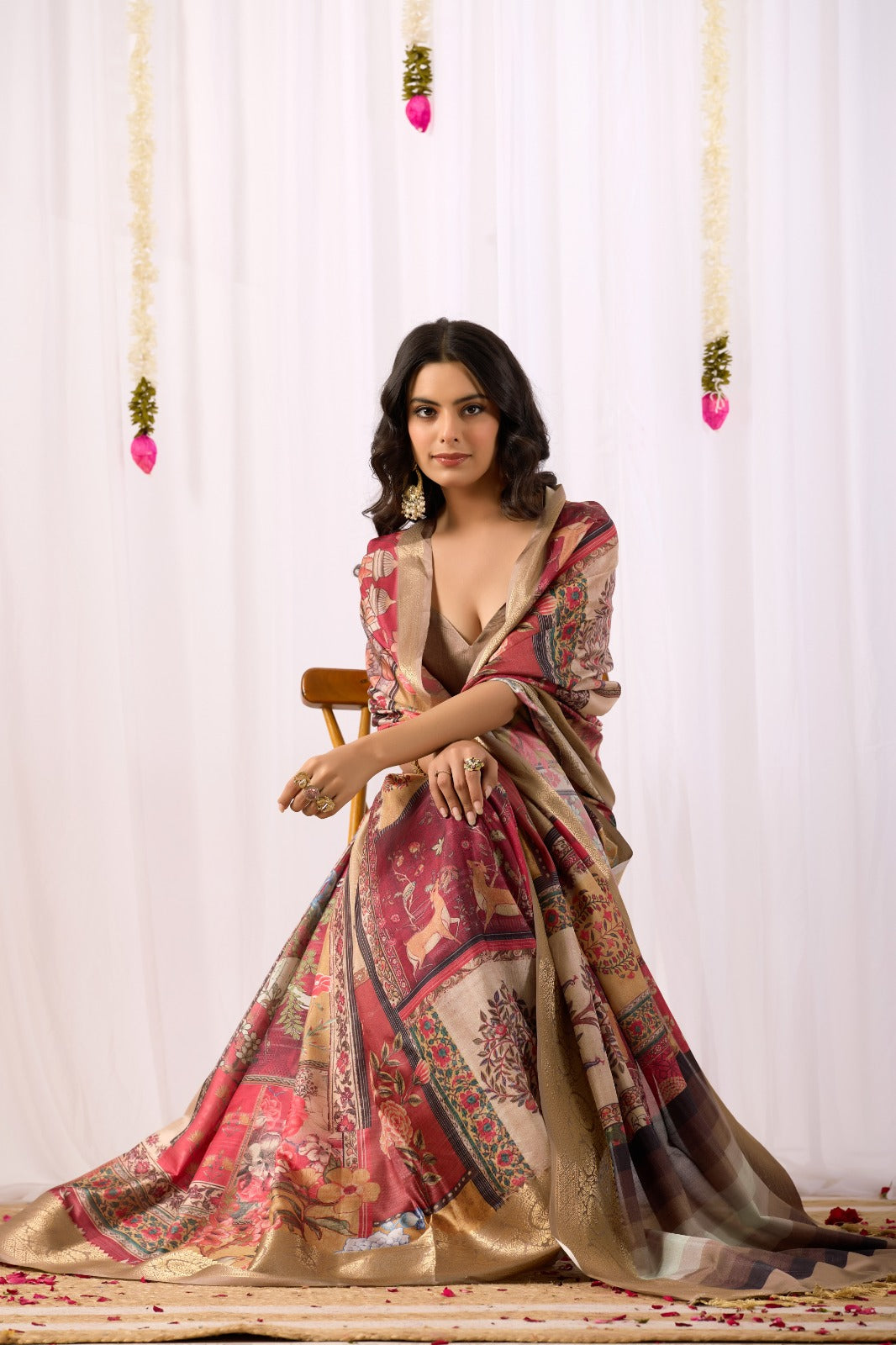 Women's Lichi Silk Saree in Beige Multi-Color with Tribal Art Print and Rich Zari Border
