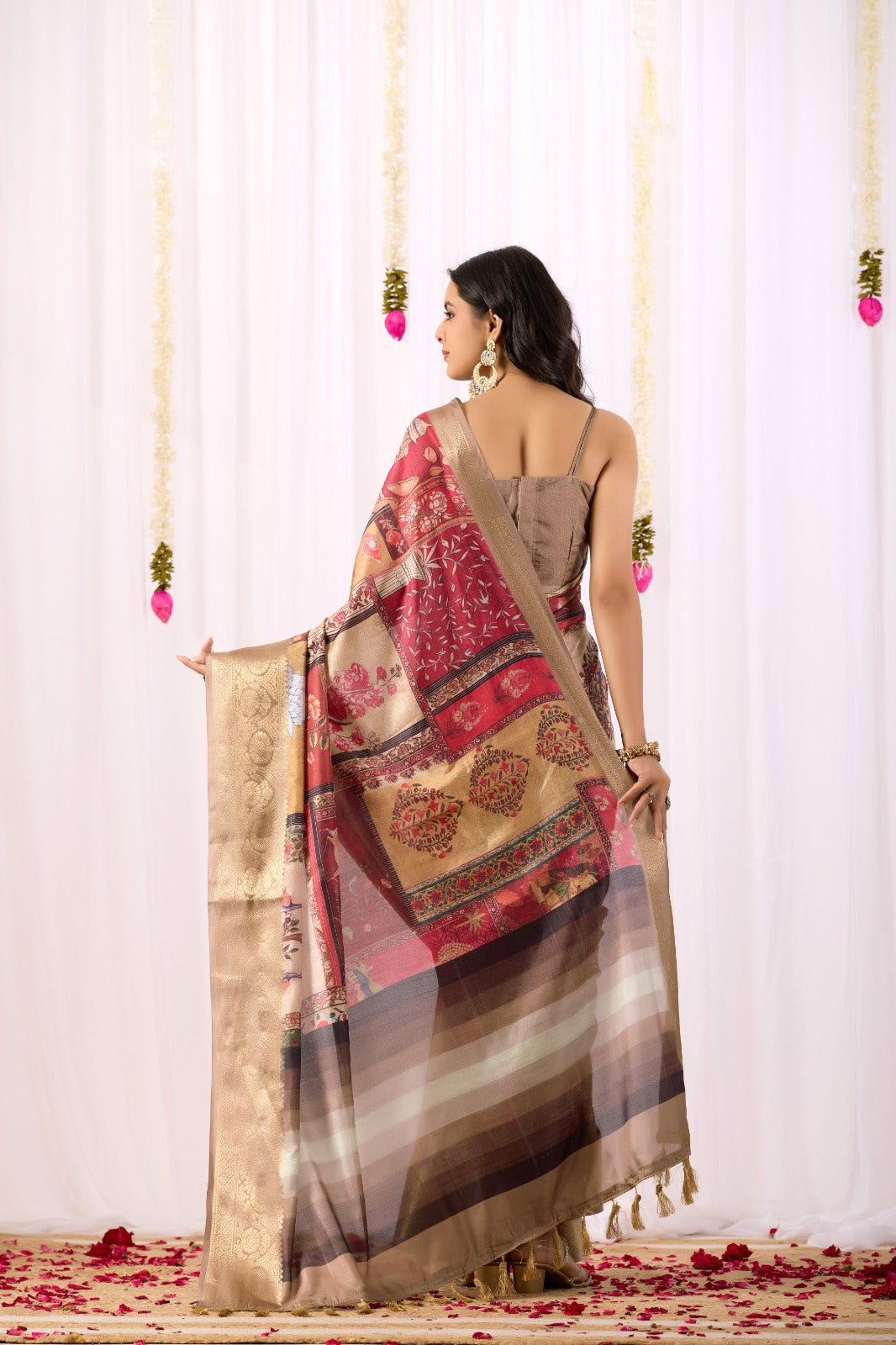 Women's Lichi Silk Saree in Beige Multi-Color with Tribal Art Print and Rich Zari Border