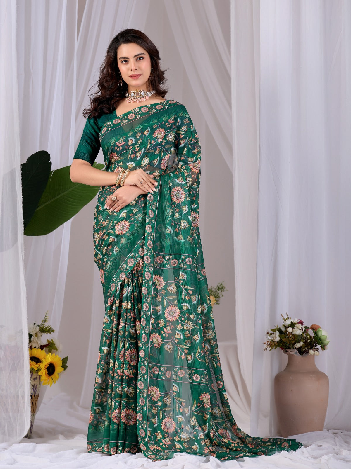 Women's Saree in Emerald Green Premium Monsoon Fabric with Floral Digital Print