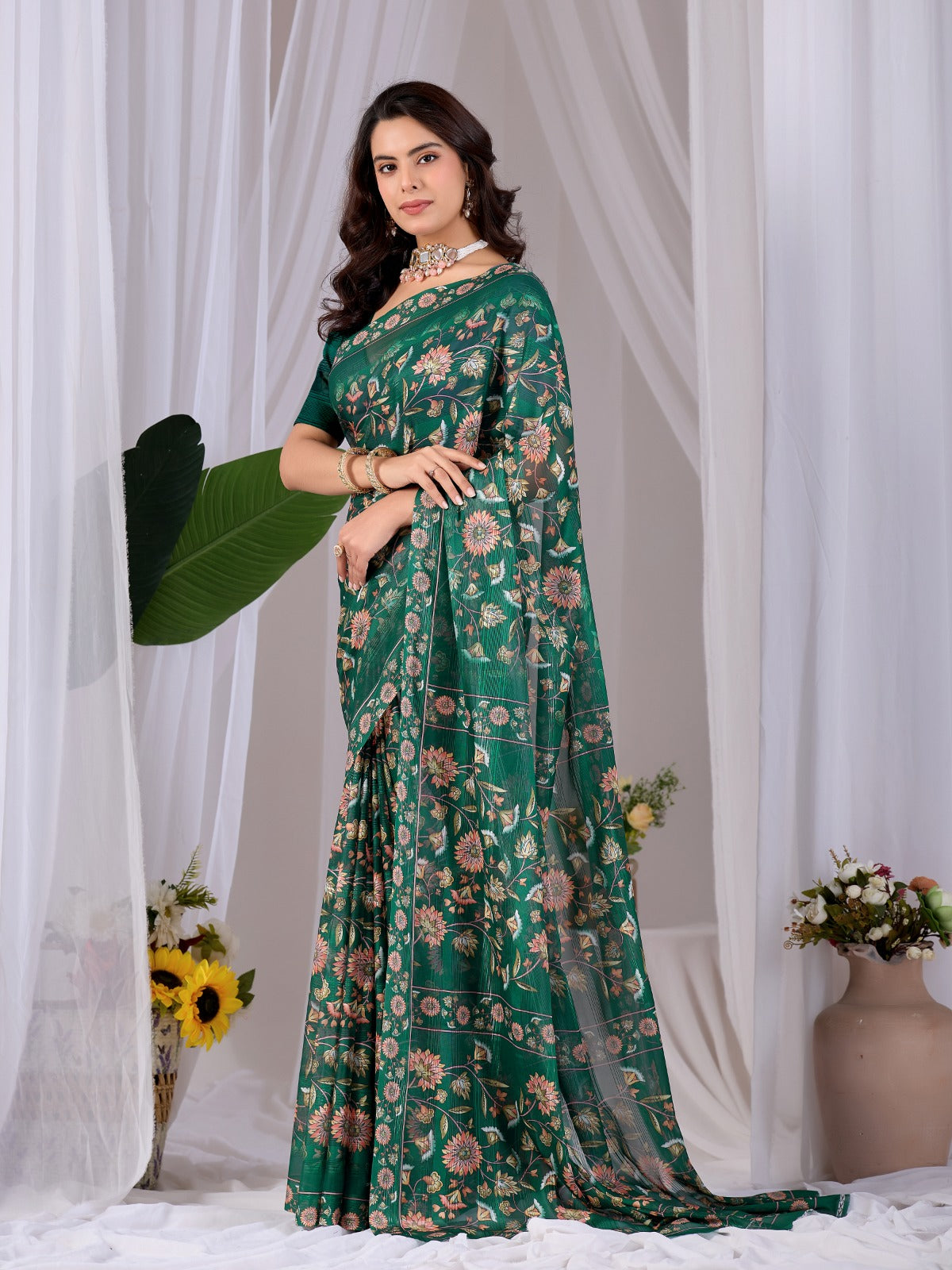 Women's Saree in Emerald Green Premium Monsoon Fabric with Floral Digital Print