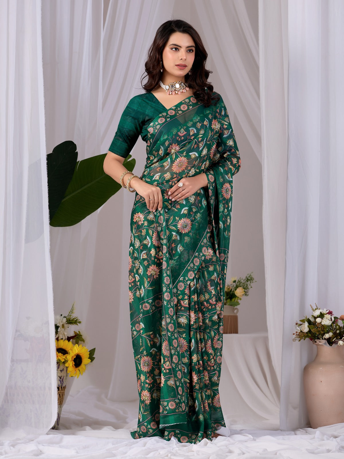 Women's Saree in Emerald Green Premium Monsoon Fabric with Floral Digital Print