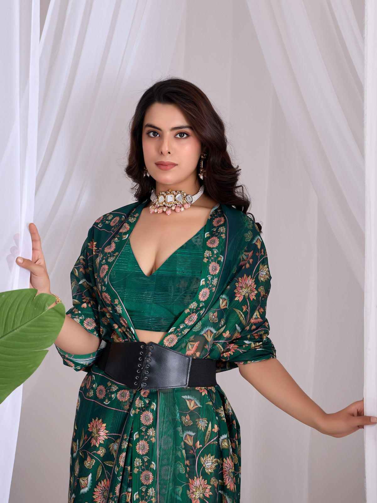 Women's Saree in Emerald Green Premium Monsoon Fabric with Floral Digital Print