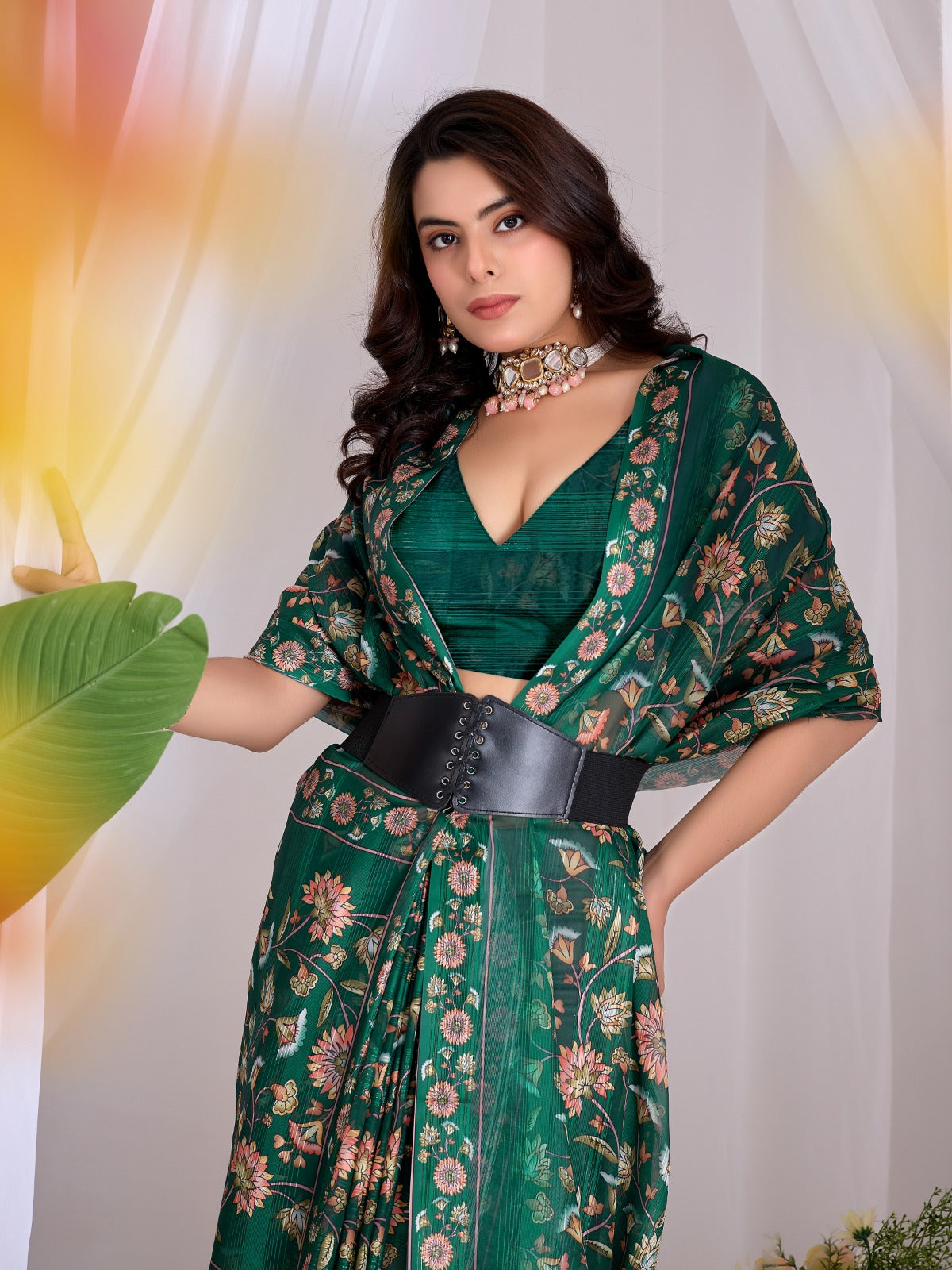 Women's Saree in Emerald Green Premium Monsoon Fabric with Floral Digital Print
