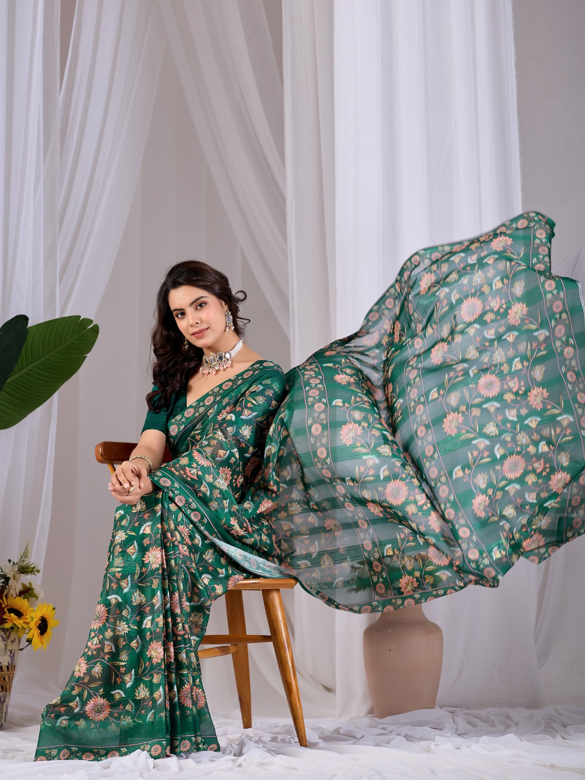 Women's Saree in Emerald Green Premium Monsoon Fabric with Floral Digital Print