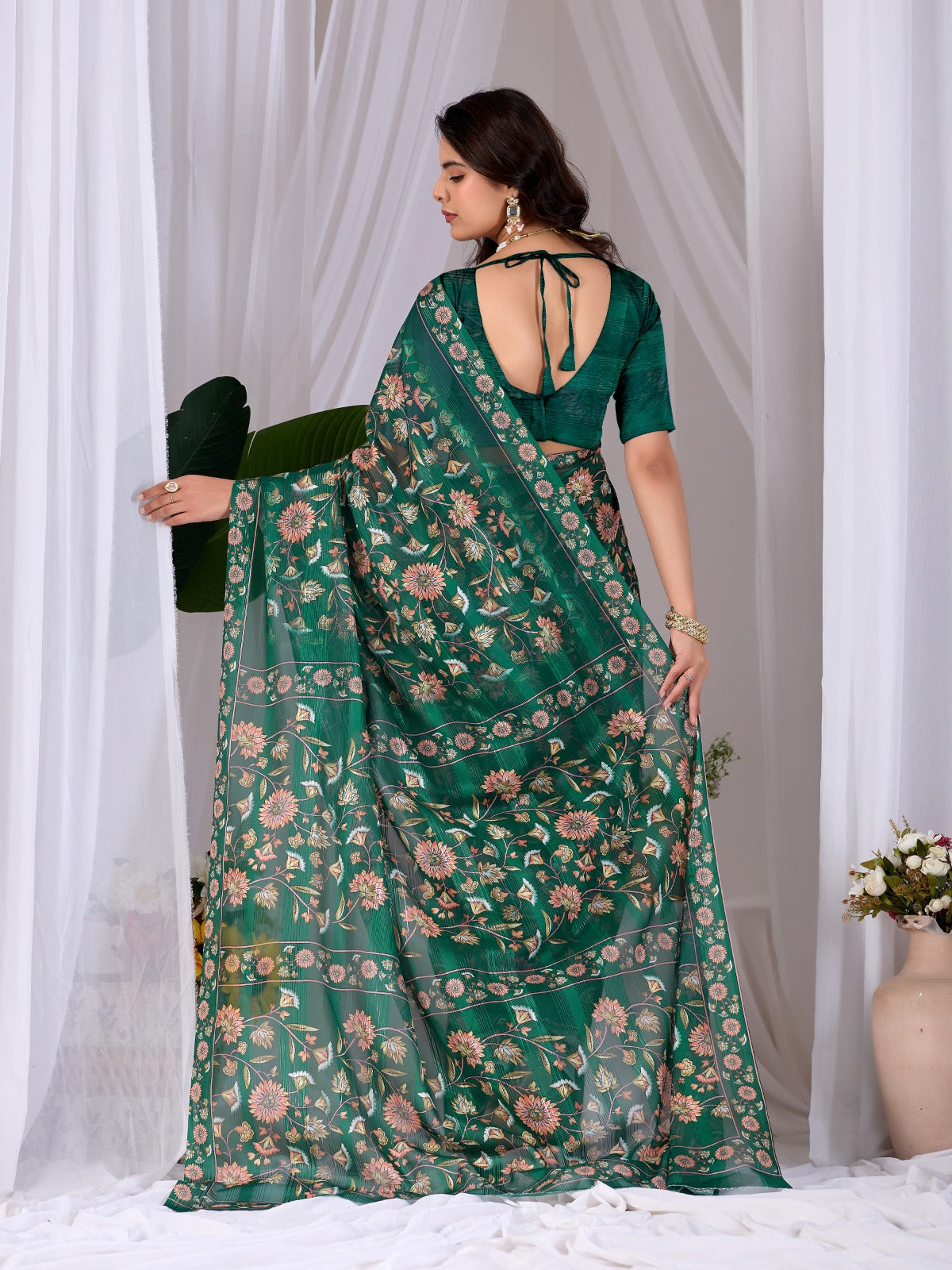 Women's Saree in Emerald Green Premium Monsoon Fabric with Floral Digital Print