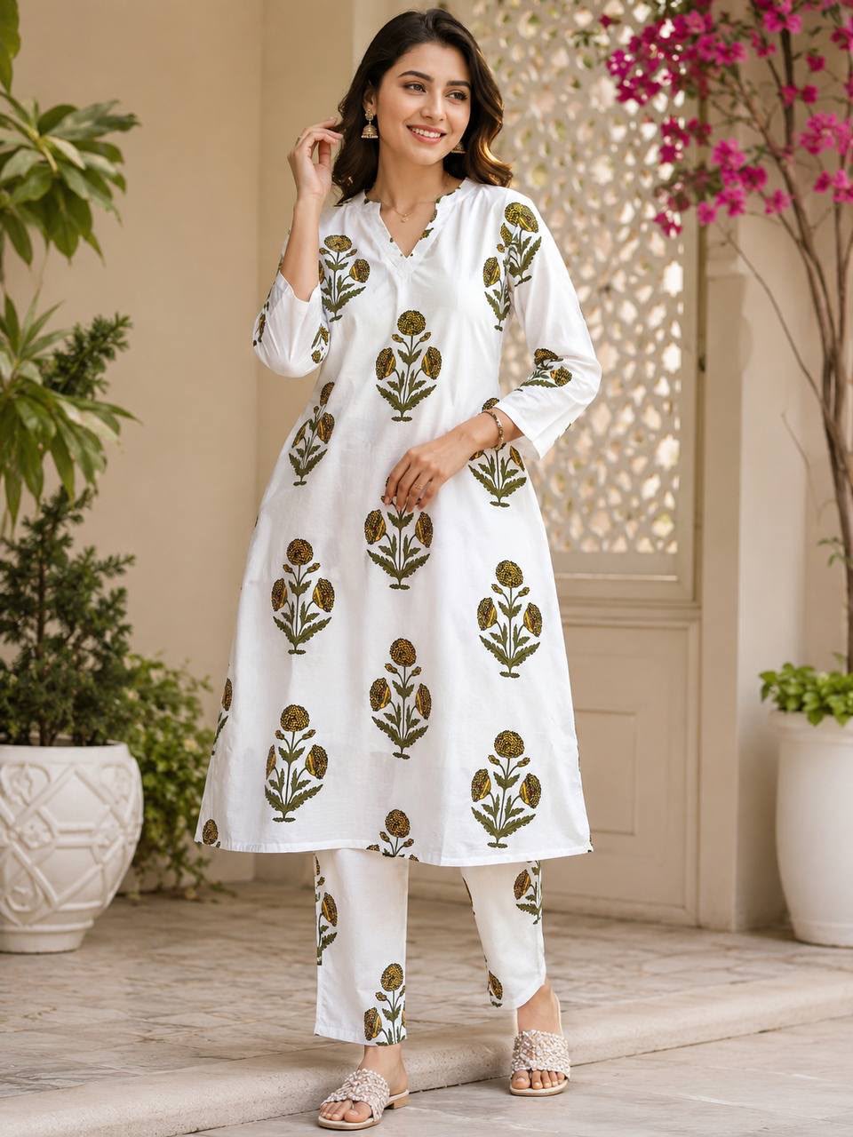 Women's Kurta Pant Set in White Rayon Slub with Digital Floral Print