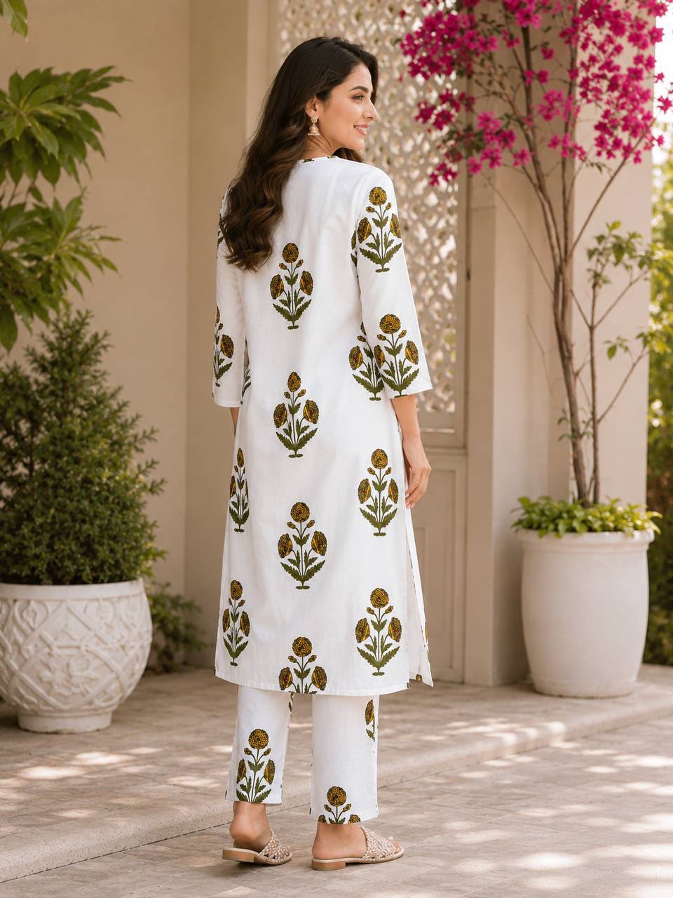 Women's Kurta Pant Set in White Rayon Slub with Digital Floral Print
