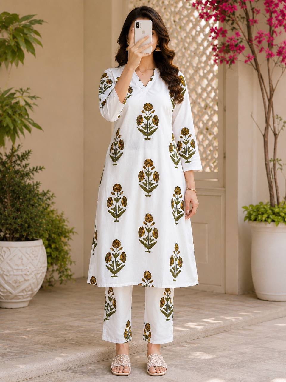 Women's Kurta Pant Set in White Rayon Slub with Digital Floral Print