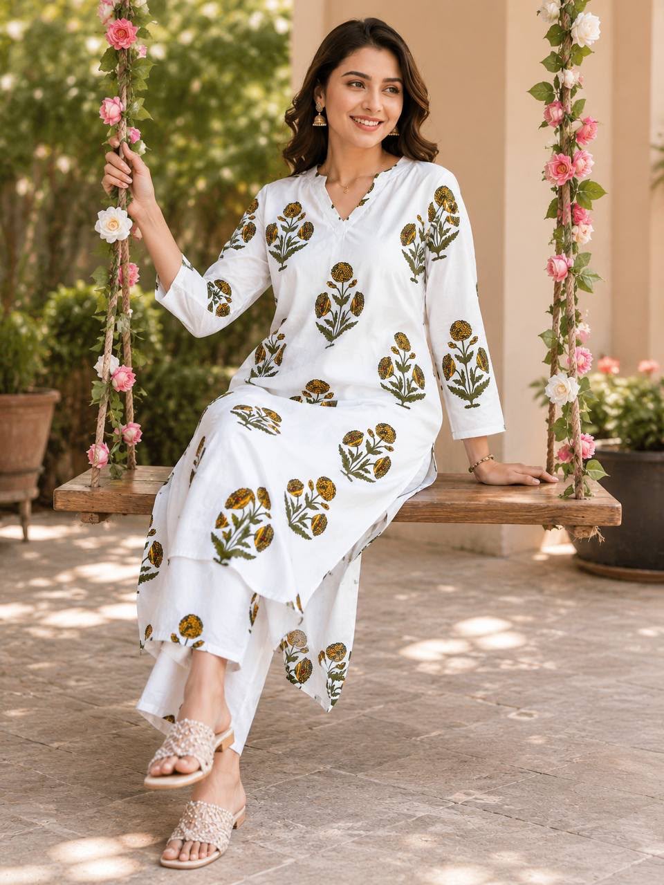 Women's Kurta Pant Set in White Rayon Slub with Digital Floral Print