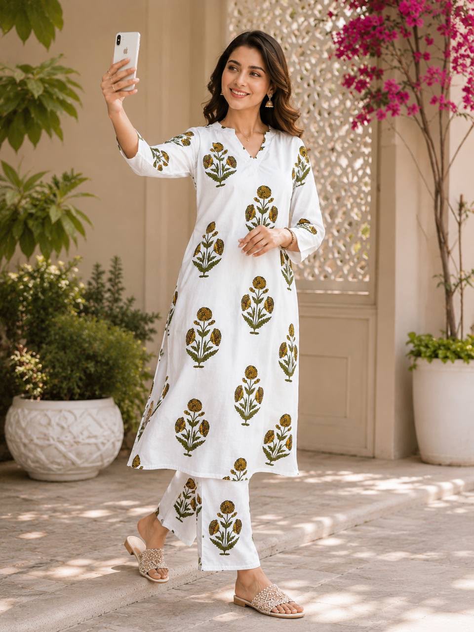 Women's Kurta Pant Set in White Rayon Slub with Digital Floral Print