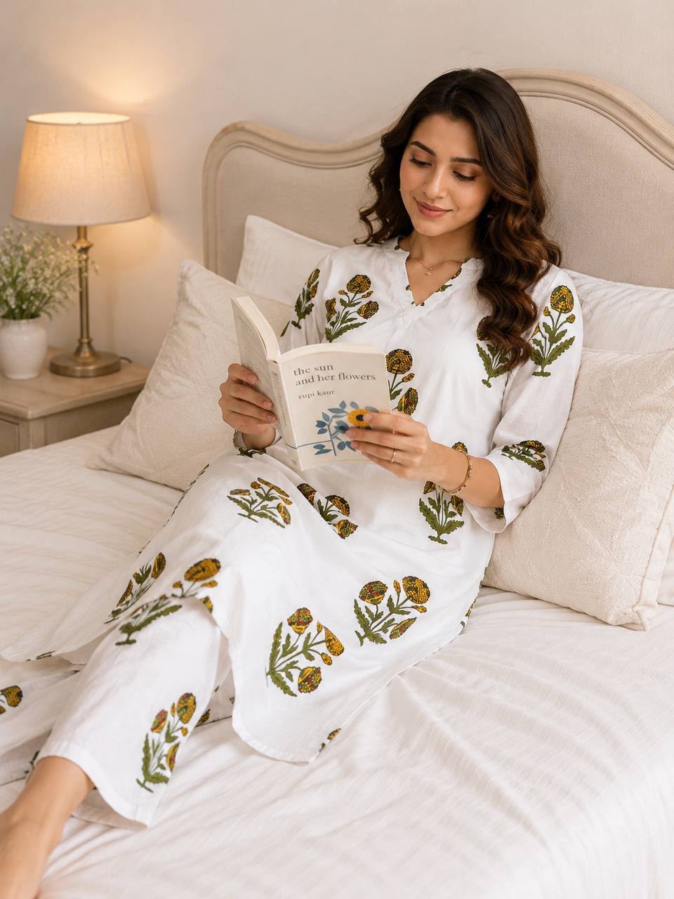 Women's Kurta Pant Set in White Rayon Slub with Digital Floral Print