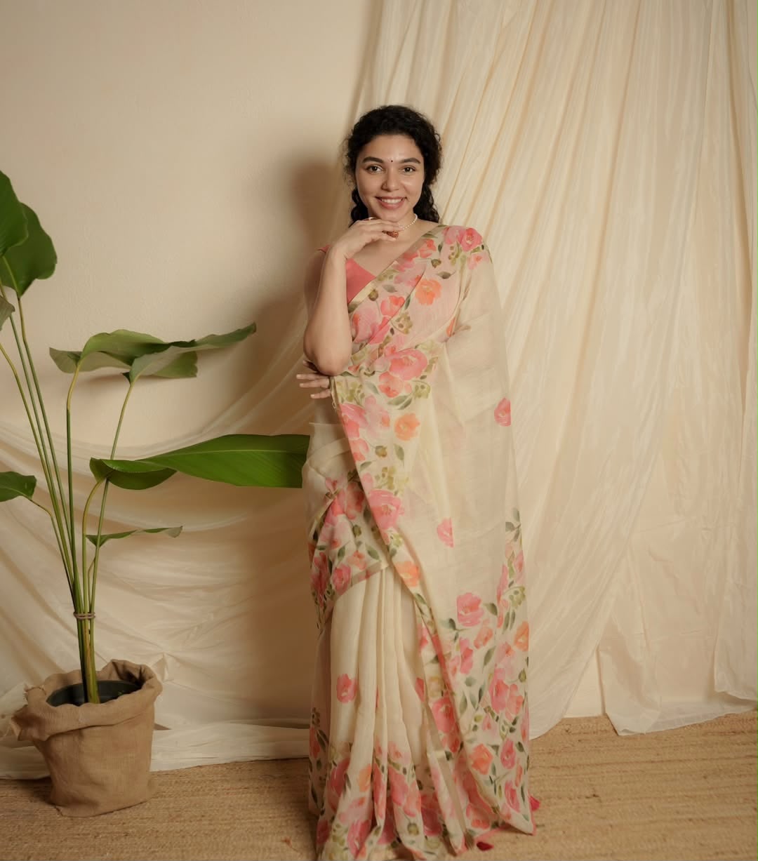Women's Linen Cotton Saree in Ivory with Gold Patti Weaving and Floral Digital Print