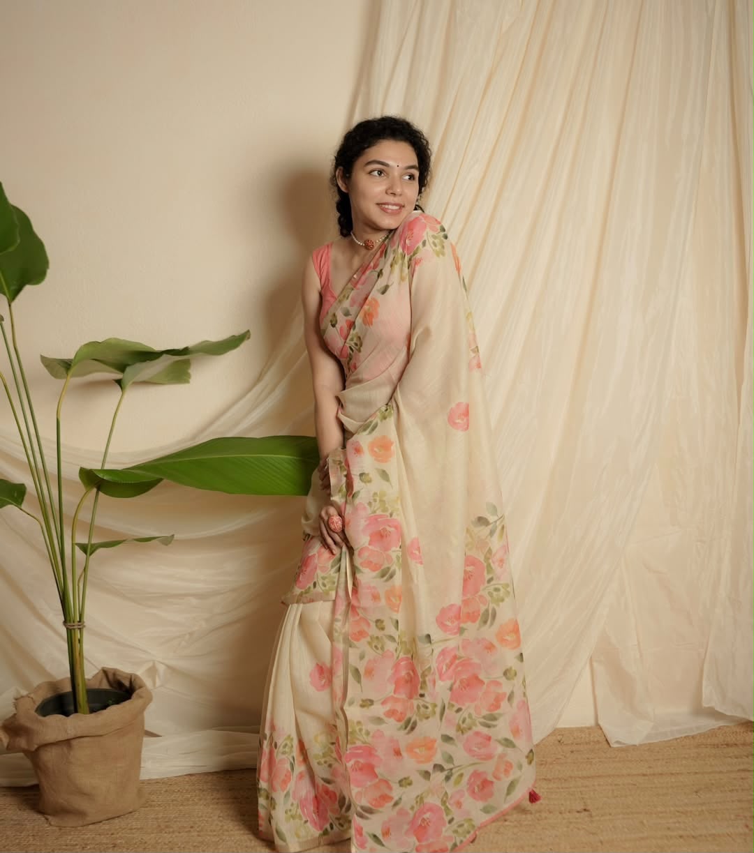 Women's Linen Cotton Saree in Ivory with Gold Patti Weaving and Floral Digital Print