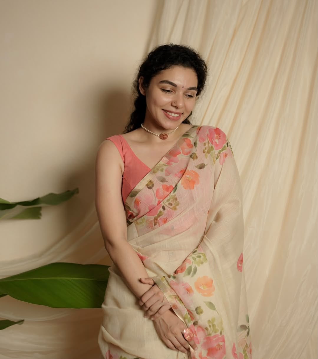 Women's Linen Cotton Saree in Ivory with Gold Patti Weaving and Floral Digital Print