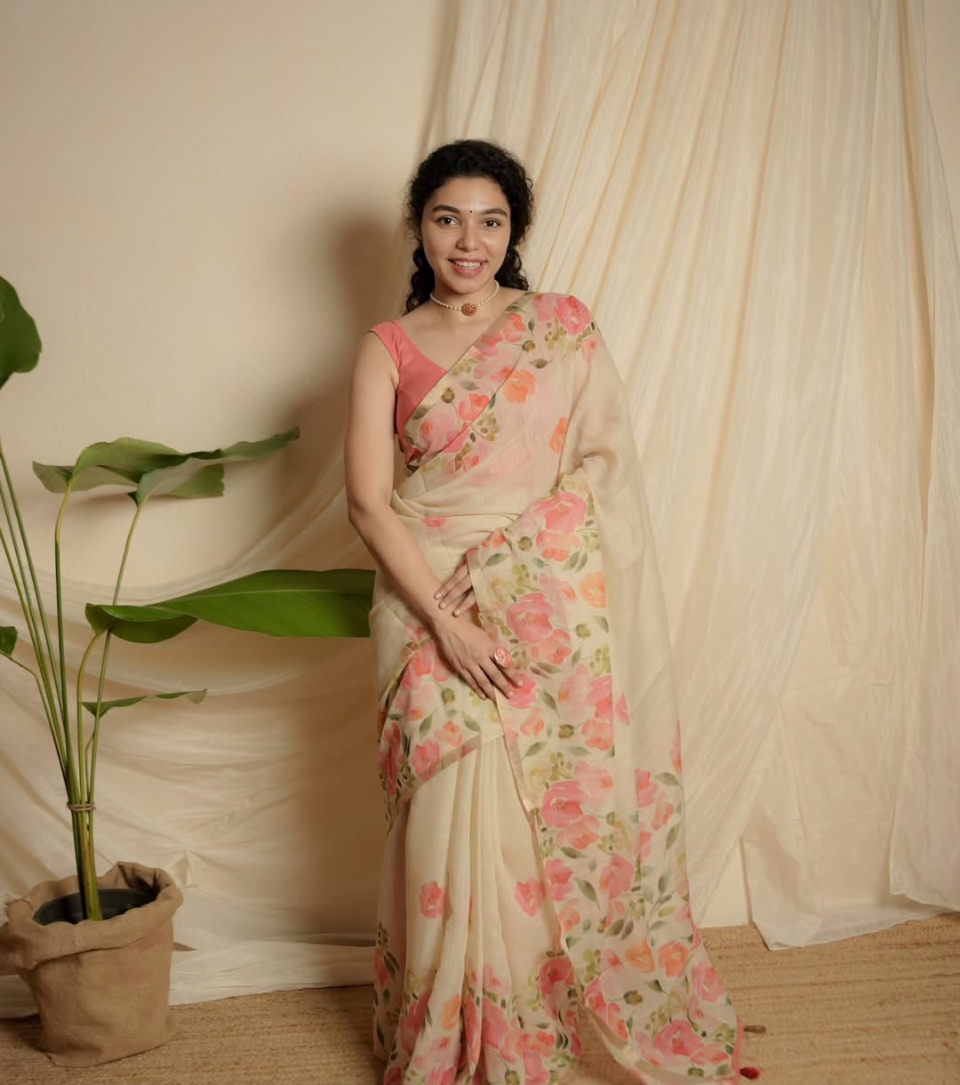 Women's Linen Cotton Saree in Ivory with Gold Patti Weaving and Floral Digital Print