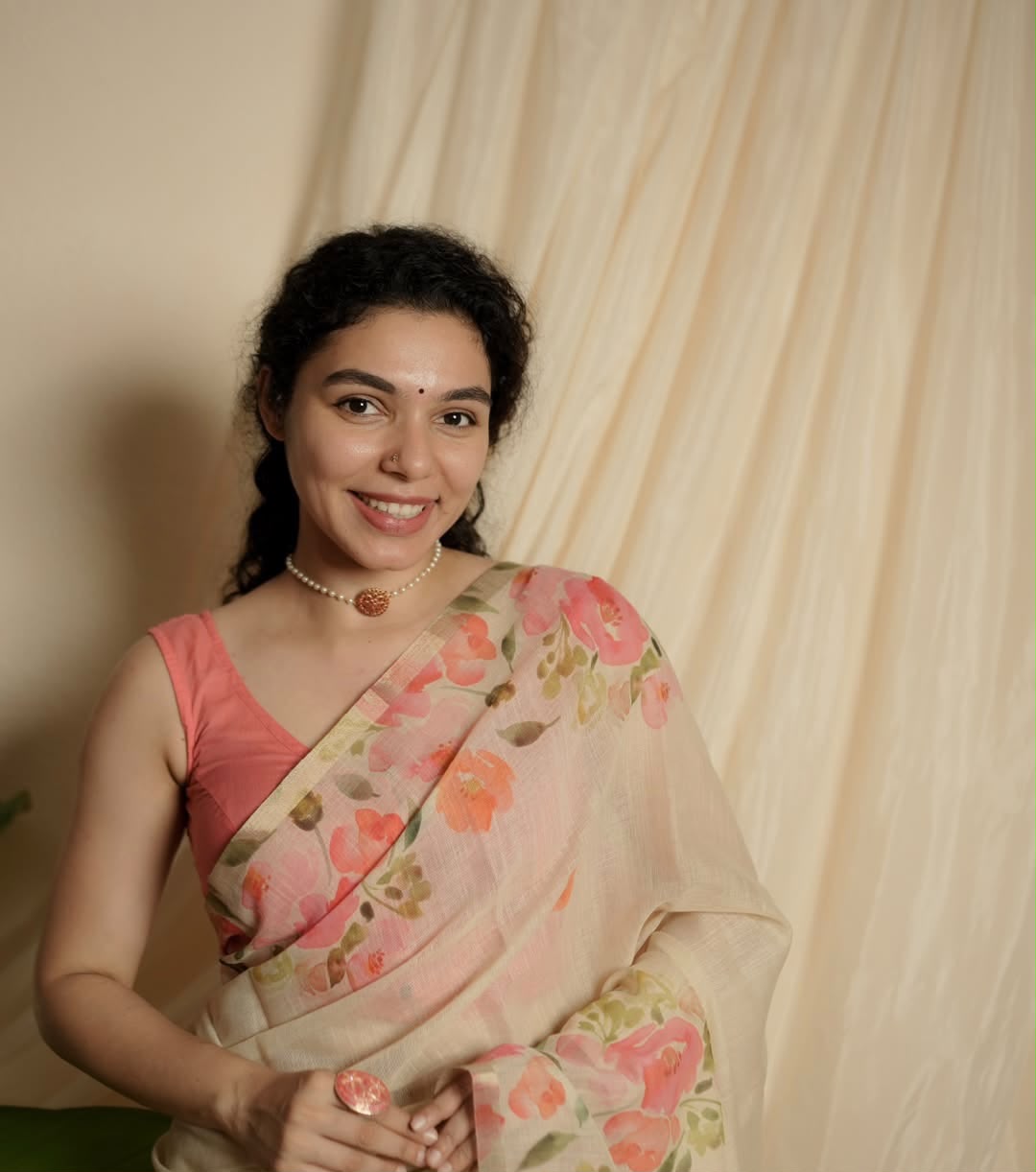 Women's Linen Cotton Saree in Ivory with Gold Patti Weaving and Floral Digital Print