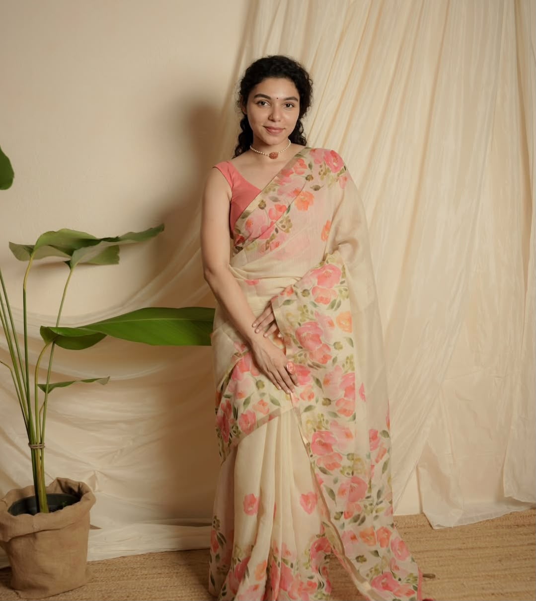 Women's Linen Cotton Saree in Ivory with Gold Patti Weaving and Floral Digital Print