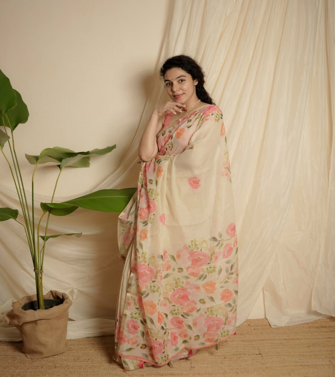Women's Linen Cotton Saree in Ivory with Gold Patti Weaving and Floral Digital Print
