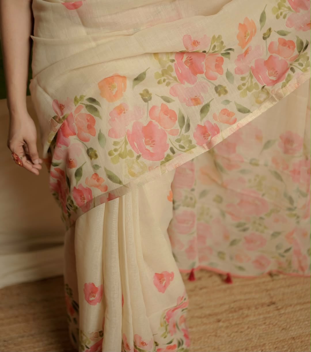 Women's Linen Cotton Saree in Ivory with Gold Patti Weaving and Floral Digital Print