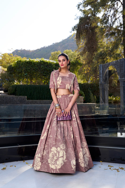 Women's Lehenga Choli Set in Assorted Colors Tasar Silk with Floral Print and Matching Koti