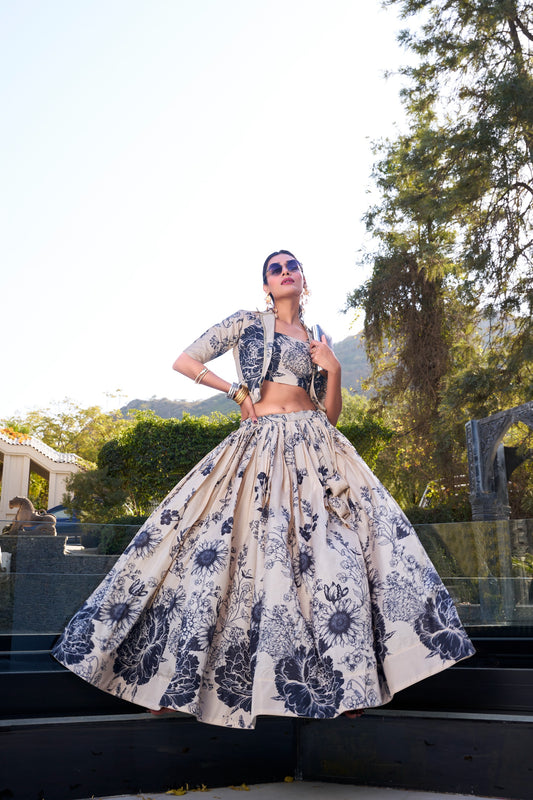 Women's Lehenga Choli Set in Assorted Colors Tasar Silk with Floral Print and Matching Koti