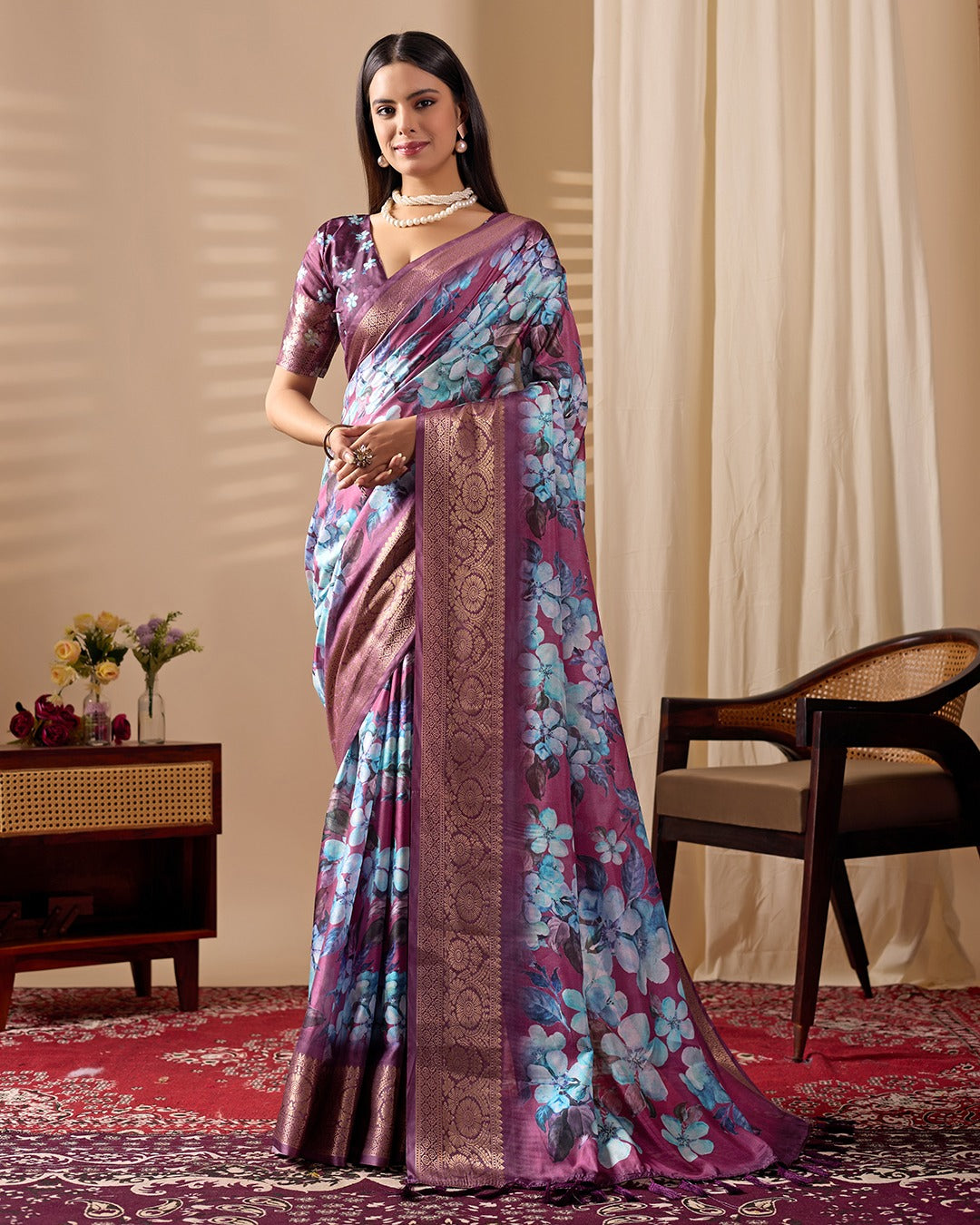 Women's Saree in Purple Soft Lichi Silk with Floral Print and Zari Woven Border