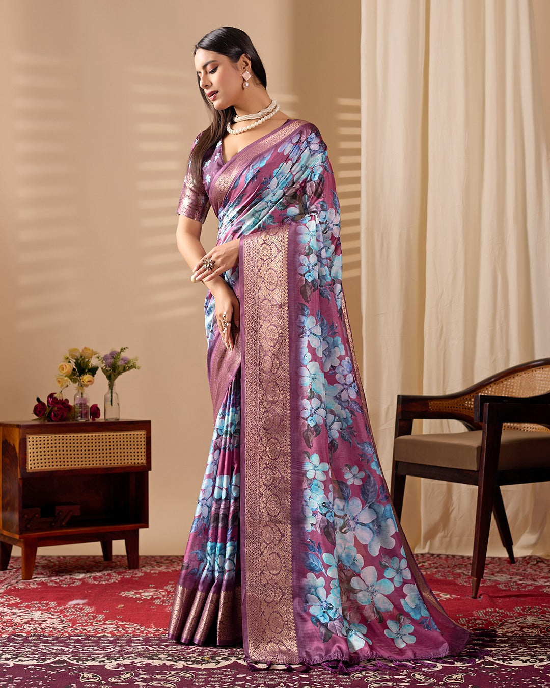Women's Saree in Purple Soft Lichi Silk with Floral Print and Zari Woven Border