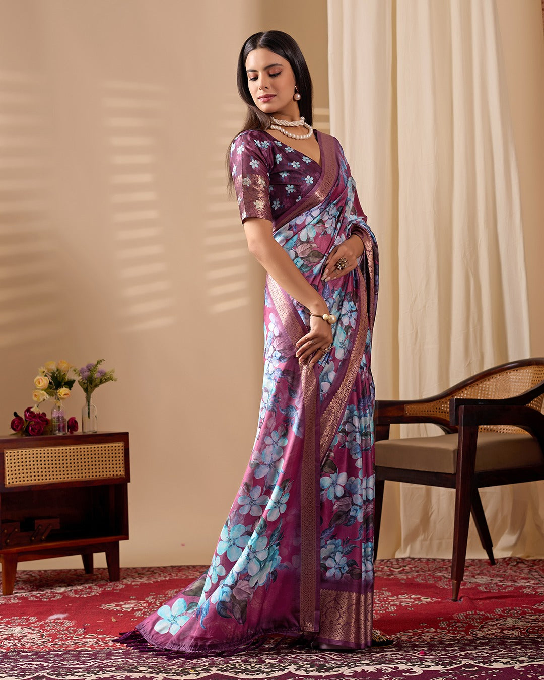Women's Saree in Purple Soft Lichi Silk with Floral Print and Zari Woven Border