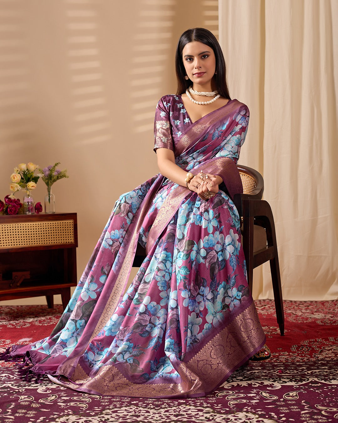 Women's Saree in Purple Soft Lichi Silk with Floral Print and Zari Woven Border