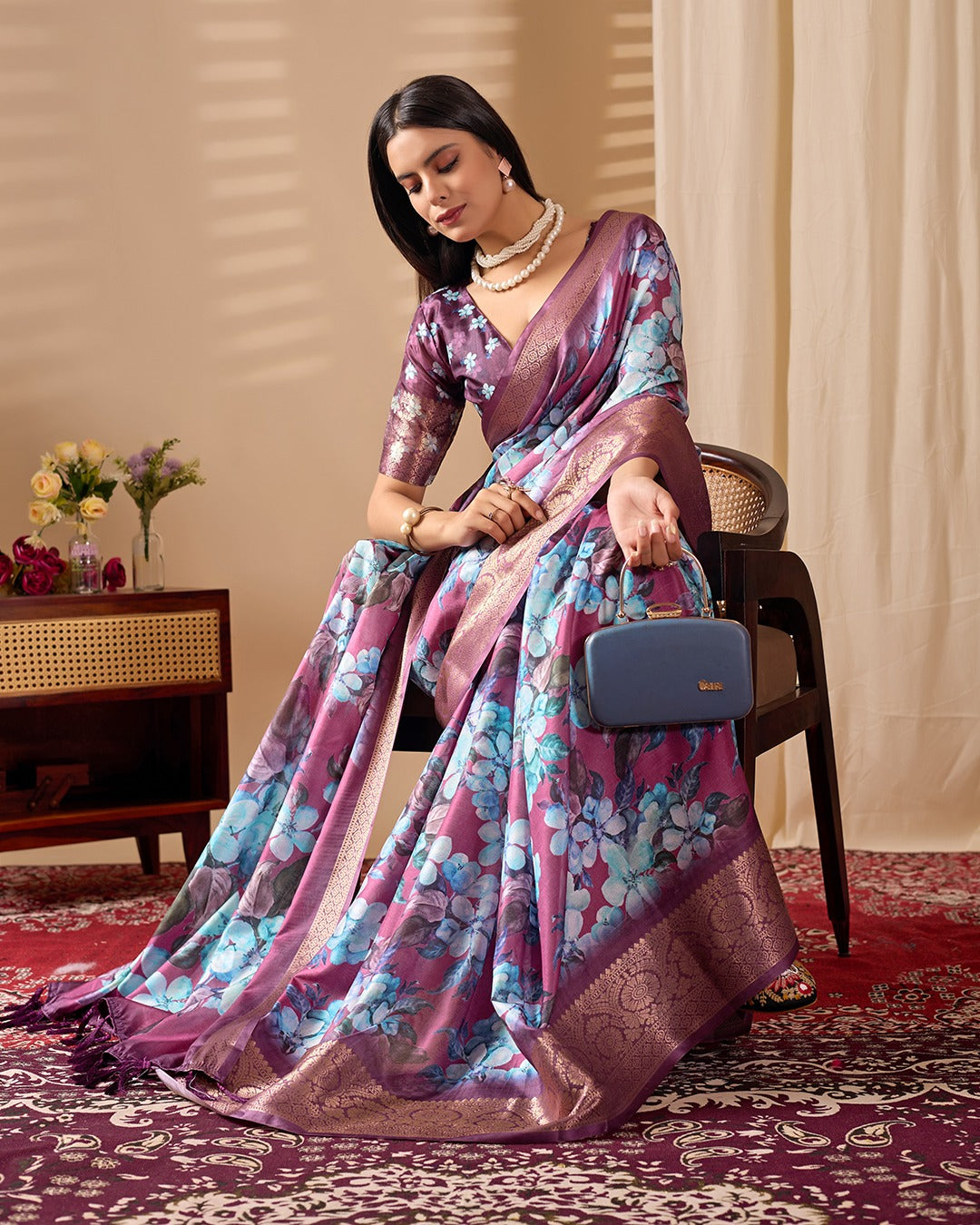 Women's Saree in Purple Soft Lichi Silk with Floral Print and Zari Woven Border