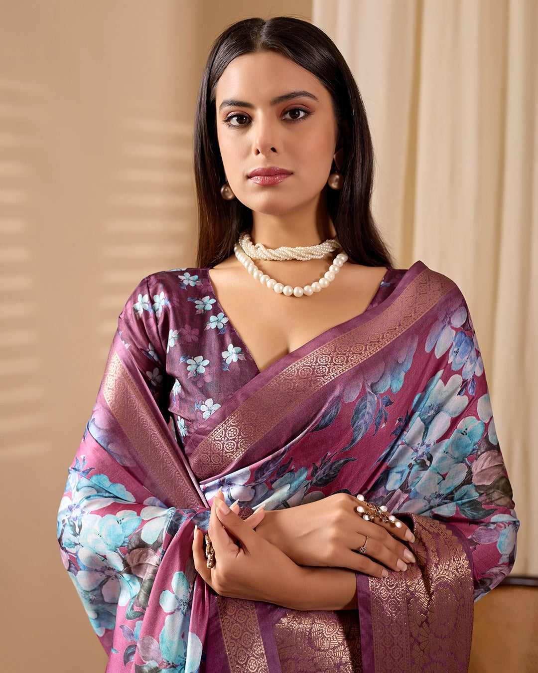Women's Saree in Purple Soft Lichi Silk with Floral Print and Zari Woven Border