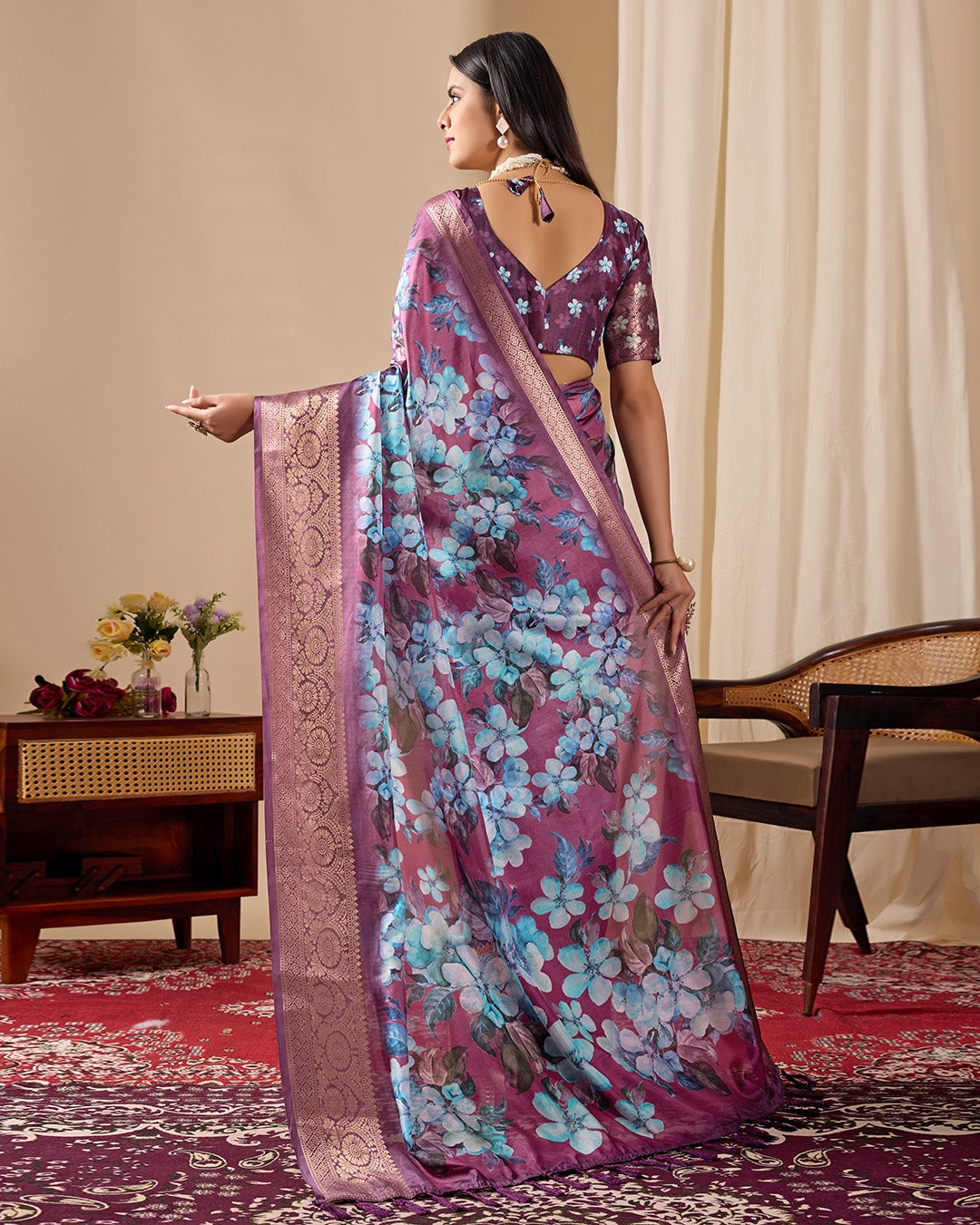 Women's Saree in Purple Soft Lichi Silk with Floral Print and Zari Woven Border