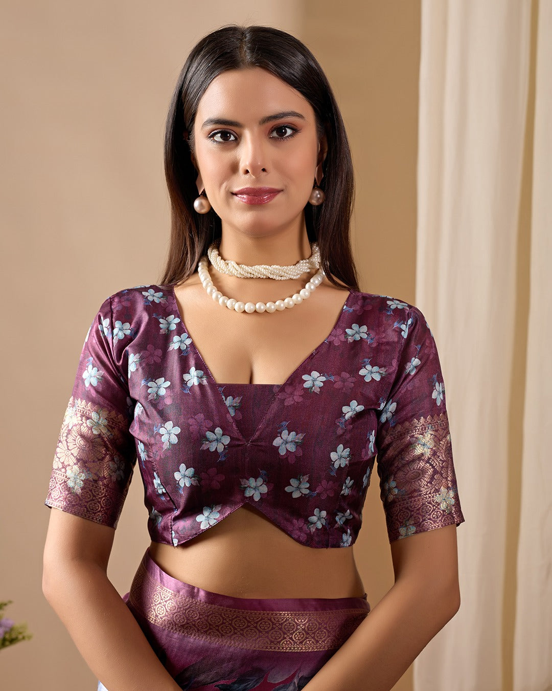 Women's Saree in Purple Soft Lichi Silk with Floral Print and Zari Woven Border