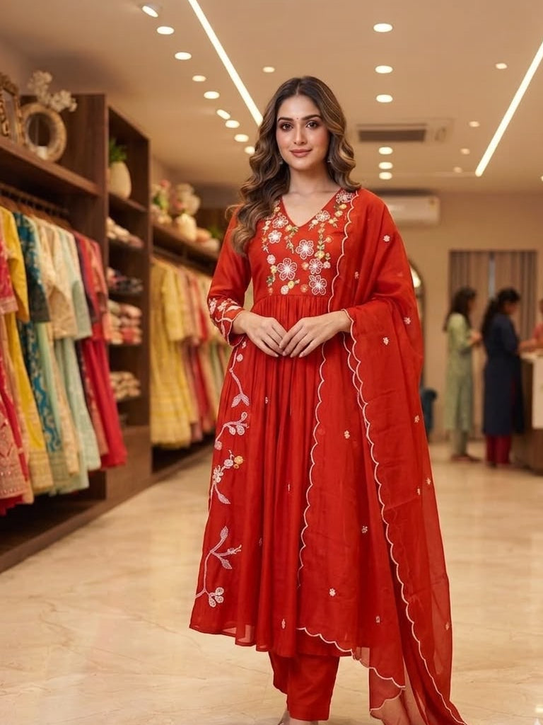 Women's Kurta Pant Set in Assorted Colors Mul Chanderi with Sequin Embroidery