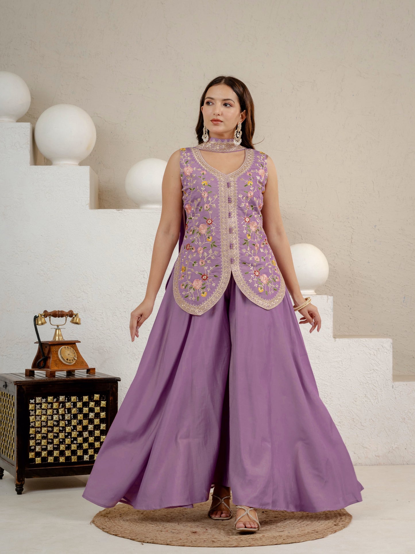 Women's Sharara Suit Set in Lavender Roman Silk with Sequins Floral Embroidery
