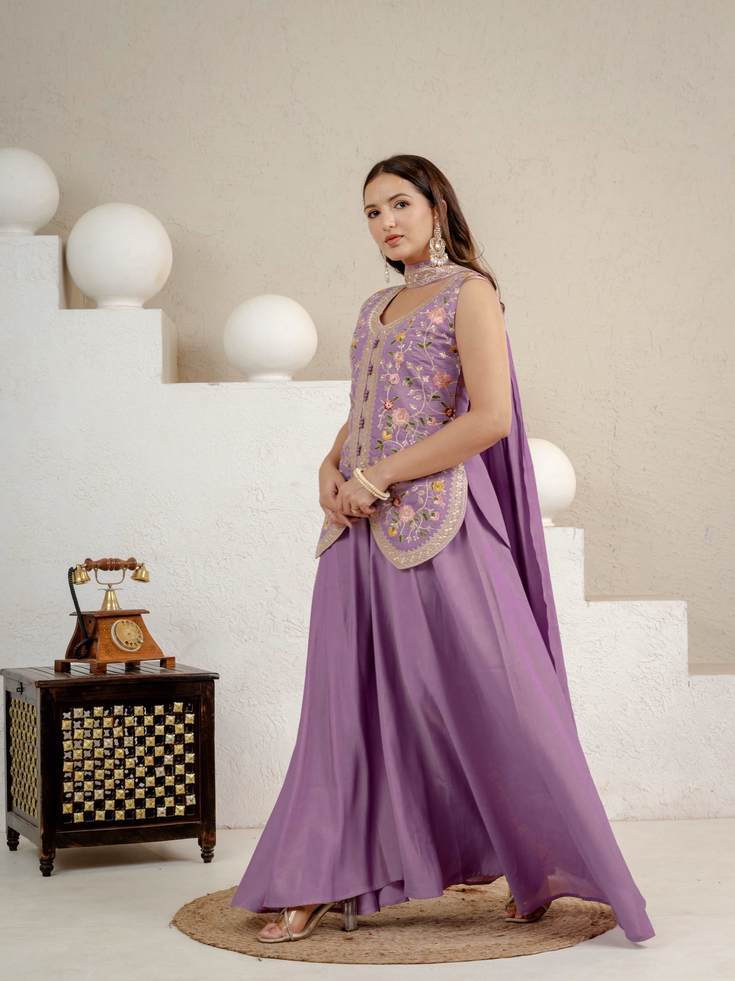 Women's Sharara Suit Set in Lavender Roman Silk with Sequins Floral Embroidery