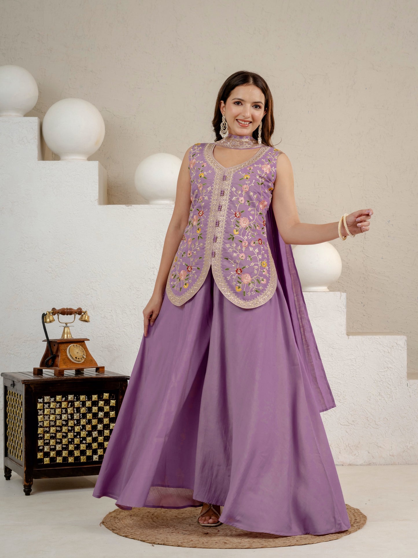 Women's Sharara Suit Set in Lavender Roman Silk with Sequins Floral Embroidery