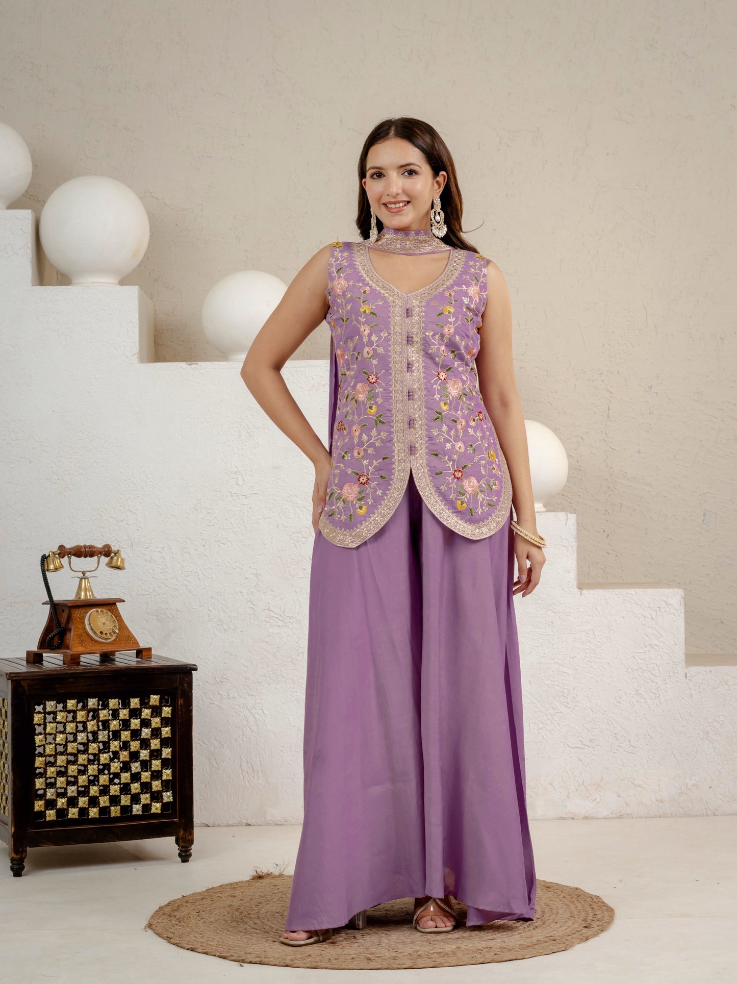 Women's Sharara Suit Set in Lavender Roman Silk with Sequins Floral Embroidery
