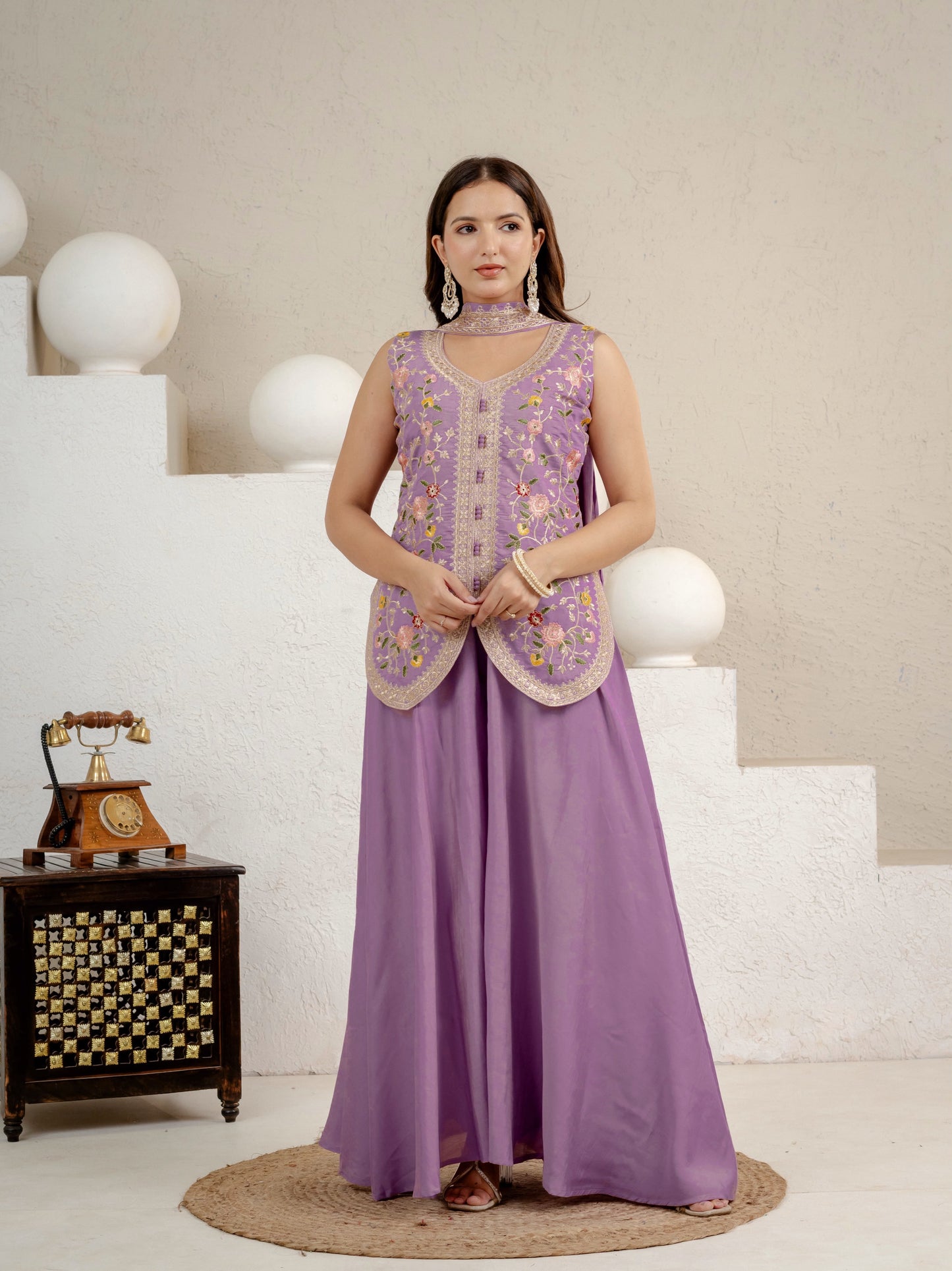 Women's Sharara Suit Set in Lavender Roman Silk with Sequins Floral Embroidery