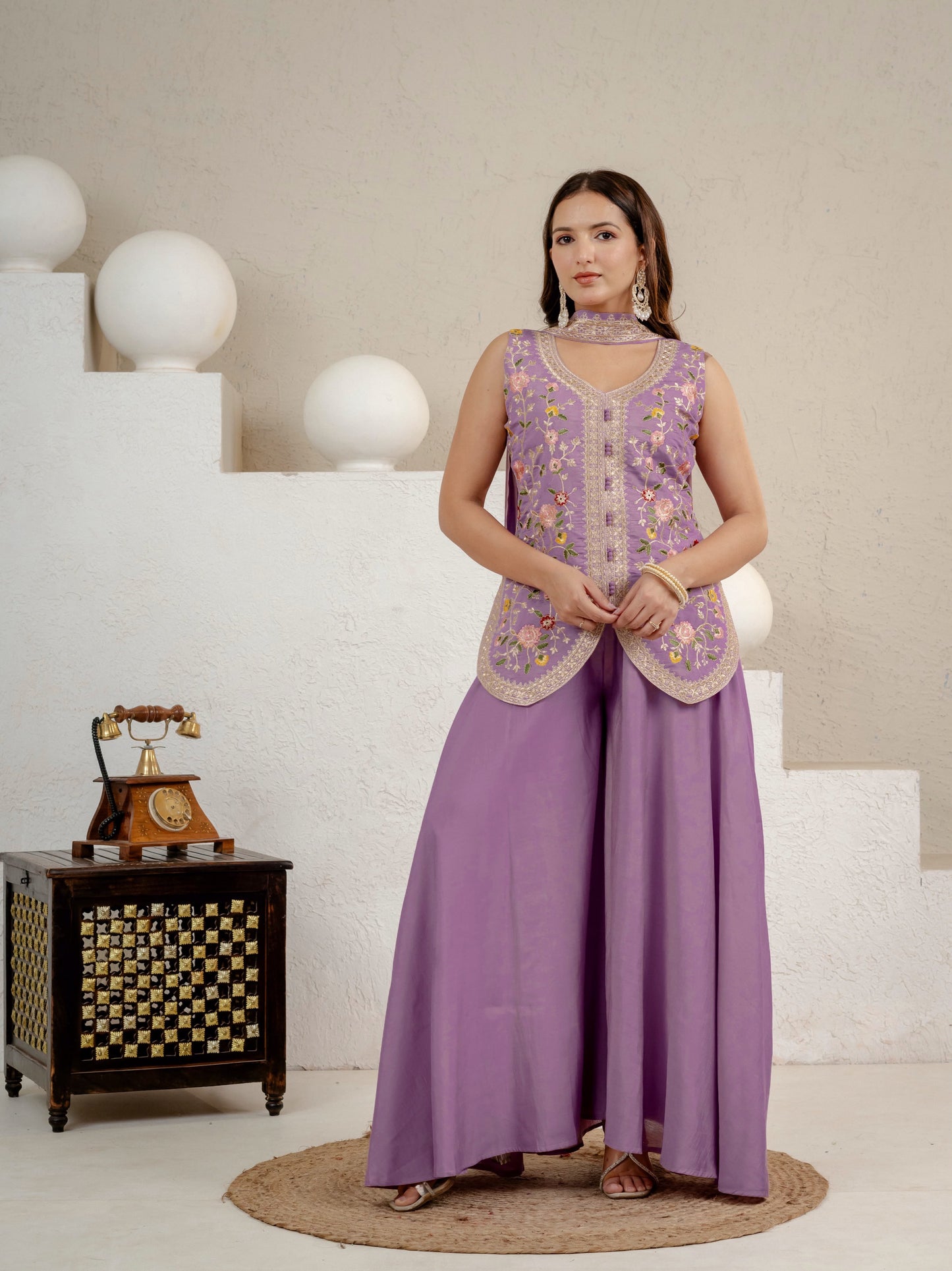 Women's Sharara Suit Set in Lavender Roman Silk with Sequins Floral Embroidery