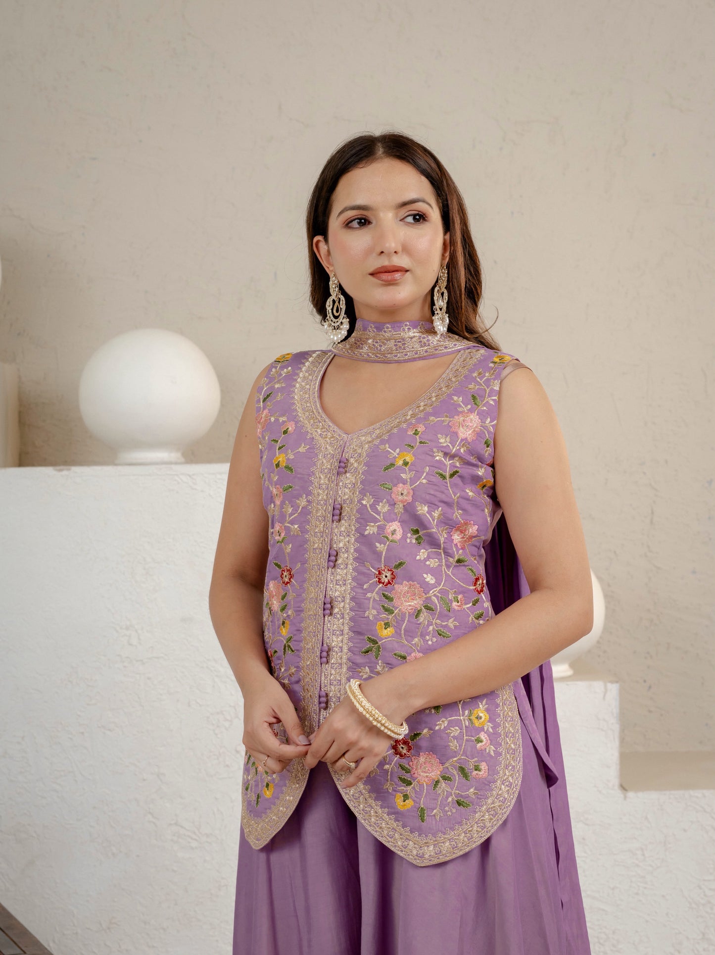 Women's Sharara Suit Set in Lavender Roman Silk with Sequins Floral Embroidery