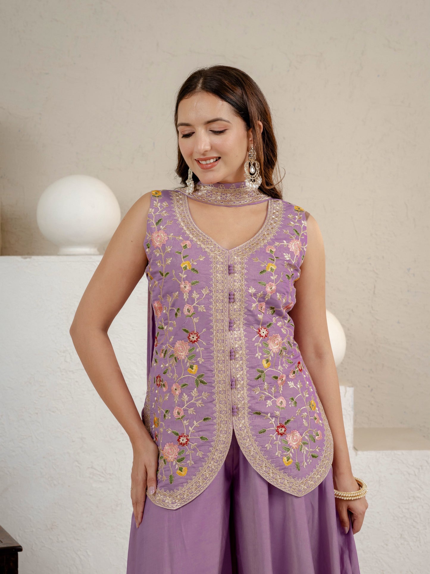 Women's Sharara Suit Set in Lavender Roman Silk with Sequins Floral Embroidery