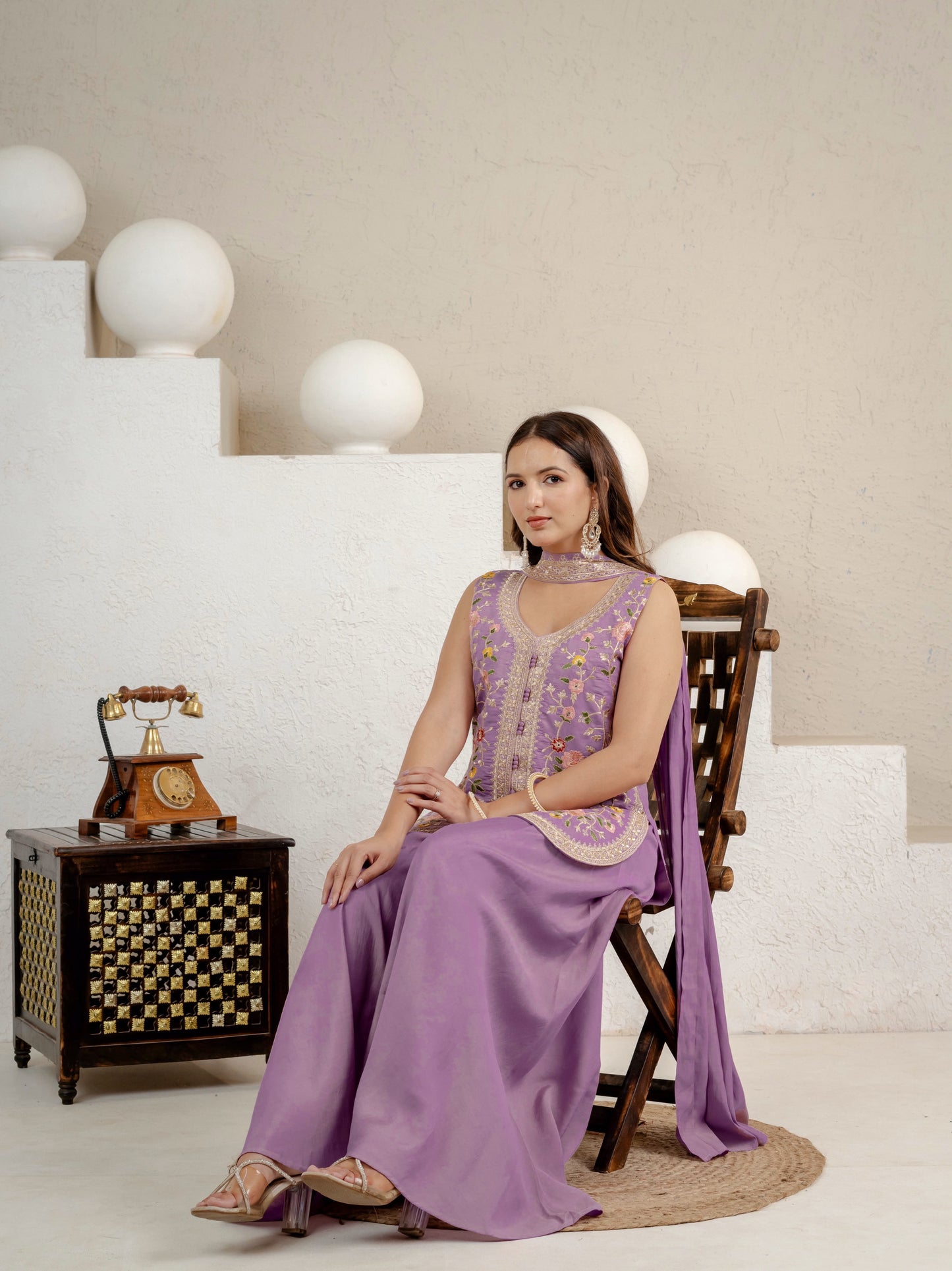 Women's Sharara Suit Set in Lavender Roman Silk with Sequins Floral Embroidery