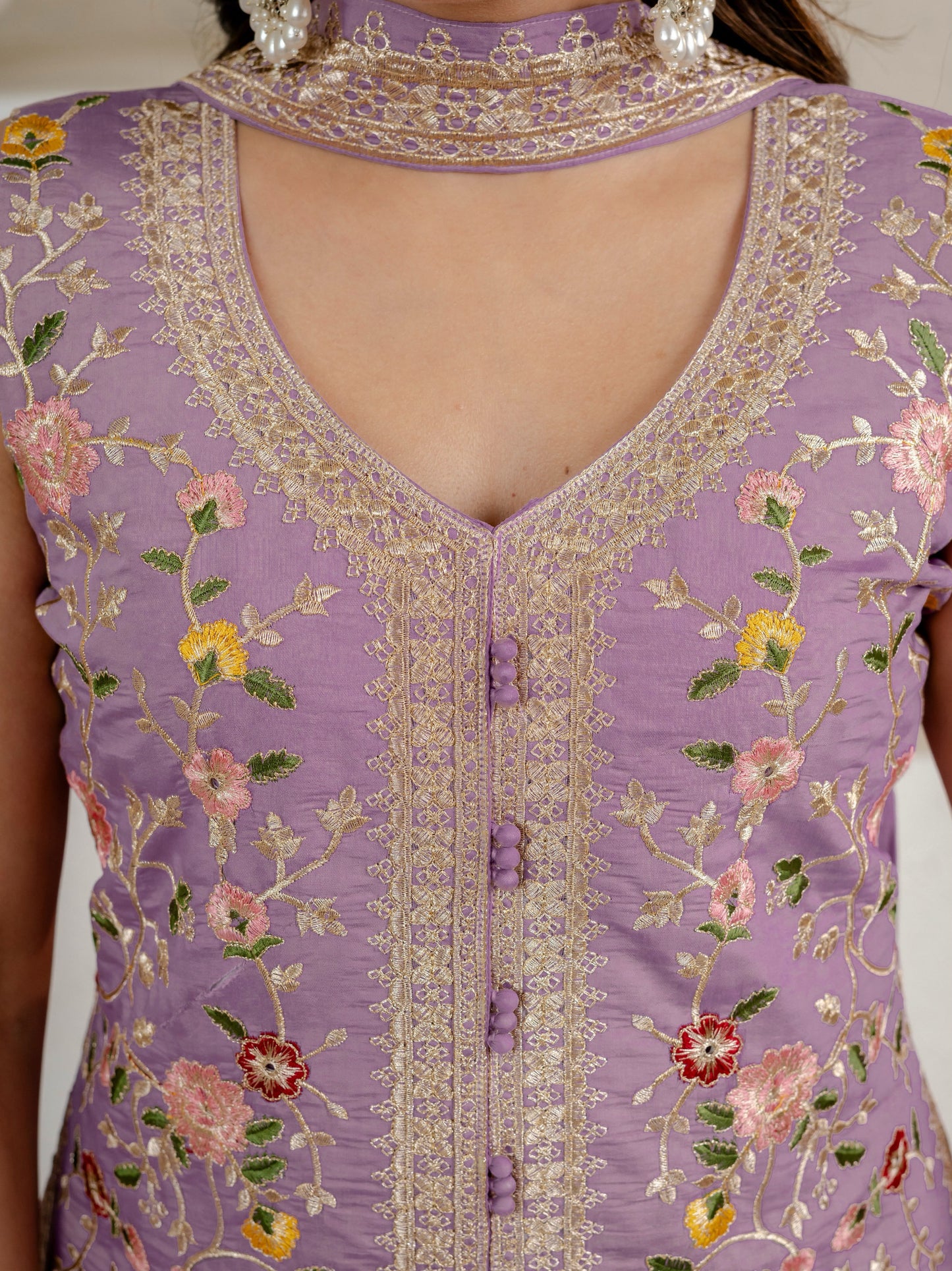 Women's Sharara Suit Set in Lavender Roman Silk with Sequins Floral Embroidery