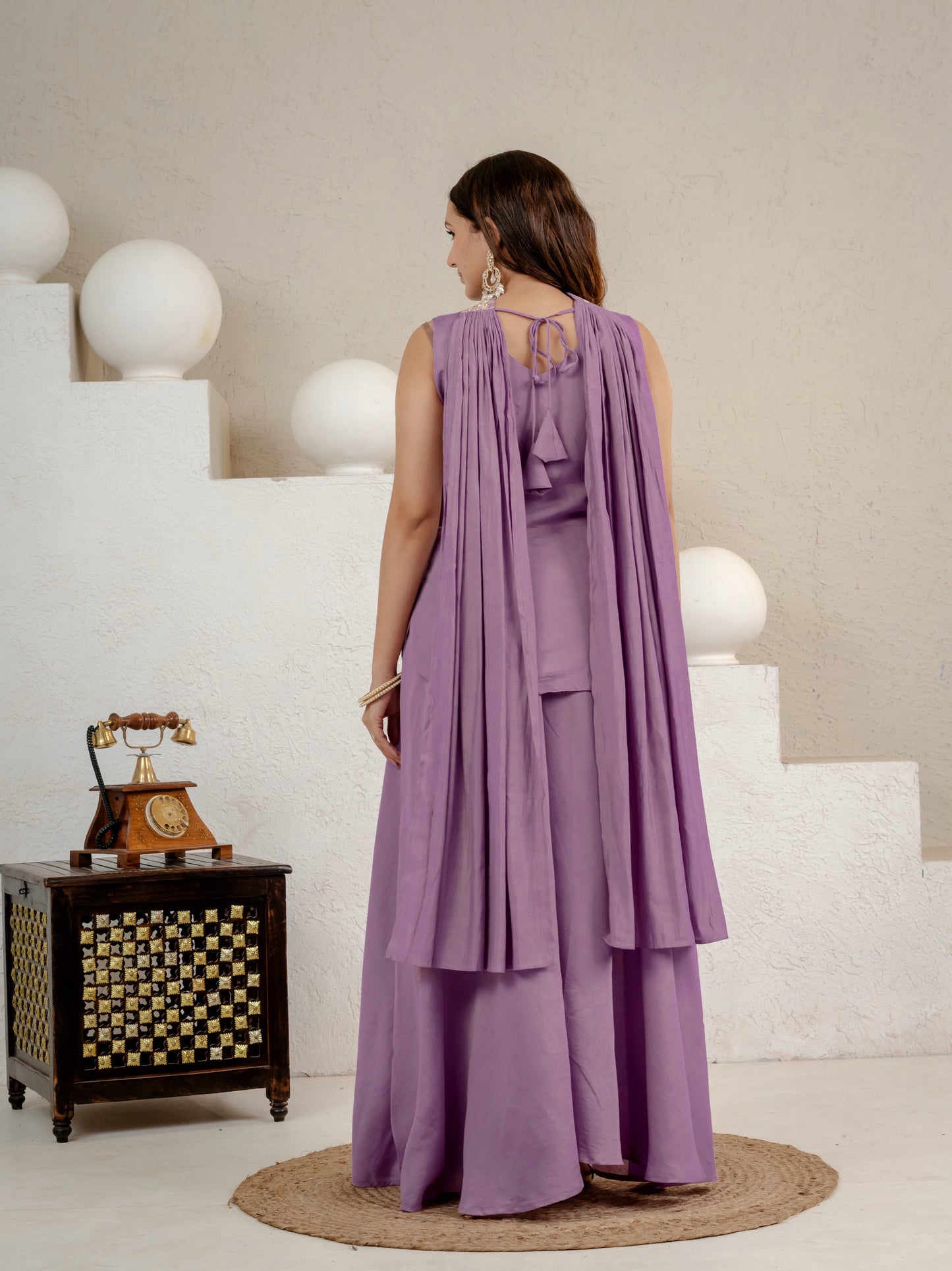 Women's Sharara Suit Set in Lavender Roman Silk with Sequins Floral Embroidery
