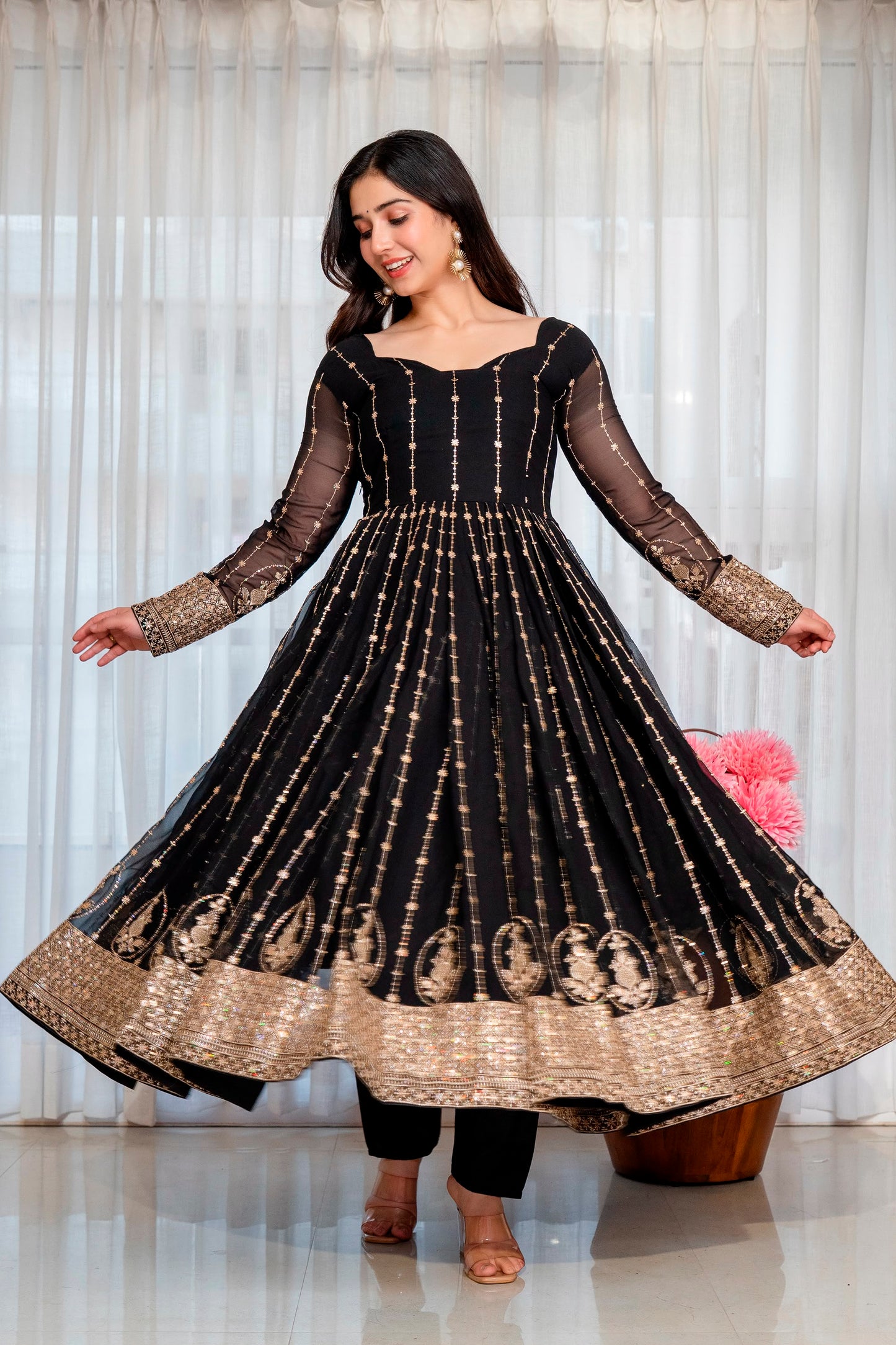 Women's Anarkali Suit Set in Black Faux Blooming Fabric with Zari and Sequins Embroidery