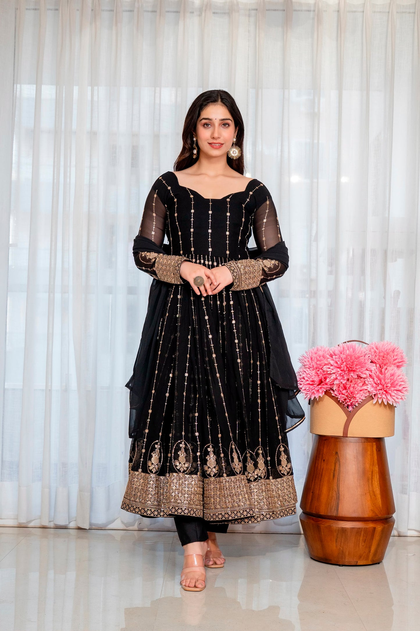 Women's Anarkali Suit Set in Black Faux Blooming Fabric with Zari and Sequins Embroidery