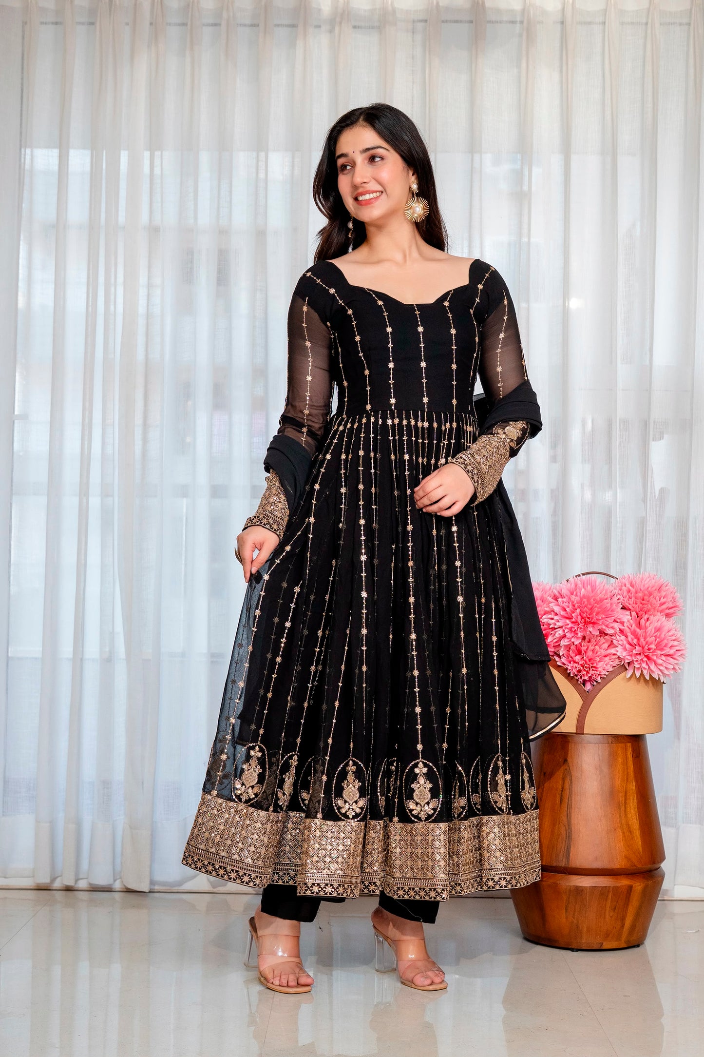 Women's Anarkali Suit Set in Black Faux Blooming Fabric with Zari and Sequins Embroidery